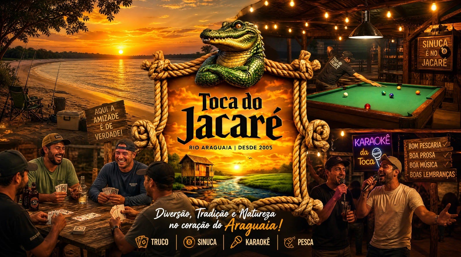 Arte da Toca do Jacaré: o jacaré sobre a moldura de corda com o nome do acampamento, o pôr do sol no Rio Araguaia, a mesa de truco, a sinuca e o karaokê
